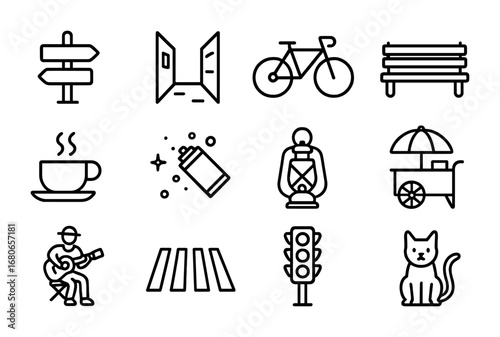Street Icon Set. Outline icon set of street photography: street sign, alleyway, bicycle, bench, coffee cup,