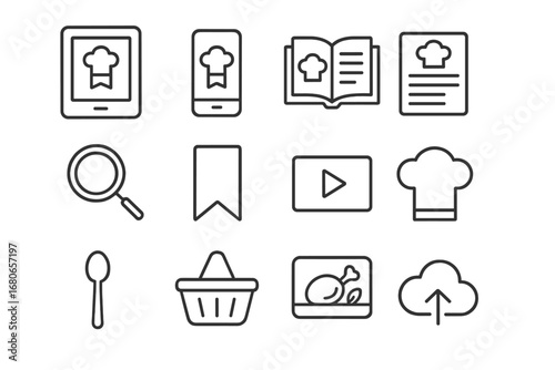 Digital Cookbook Icons. Outline icon set of zero-waste kitchen: glass jar, reusable container, bamboo spoon,