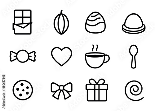 Chocolate Gift Icons. Outline icon set of chocolate gift baskets: chocolate bar, cocoa bean, truffle, bonbon,
