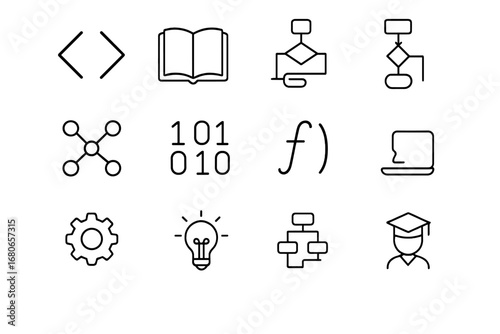 Computer Science Icons. Outline icon set of fire pit gatherings: circular fire pit, wooden chairs, logs,
