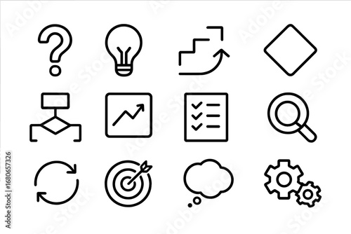 Problem Solving Icons. Outline icon set of legal aid programs: law book, scales of justice, lawyer, courthouse