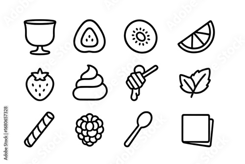 Dessert Fruit Icons. Outline icon set of dessert fruit cups: glass cup, strawberry slice, kiwi slice, orange