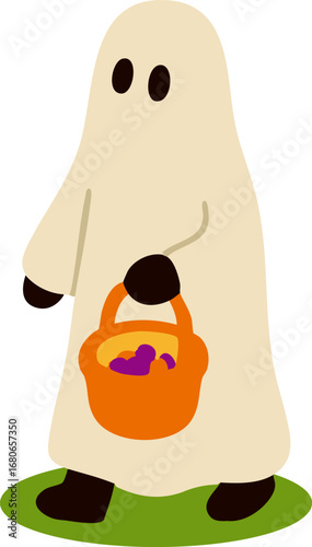ハロウィンの仮装をしたお化けのかわいい手描きイラスト
Cute hand-drawn illustration of a ghost dressed up for Halloween
