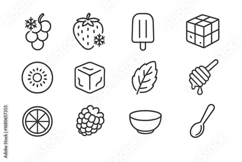 Chilled Fruit Icons. Outline icon set of chilled fruit treats: frozen grape, frozen strawberry, popsicle,