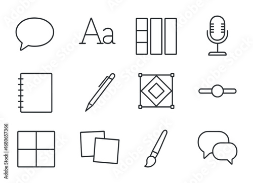Brand Voice Icons. Outline icon set of brand voice moodboard: speech bubble, typography sample, color palette,