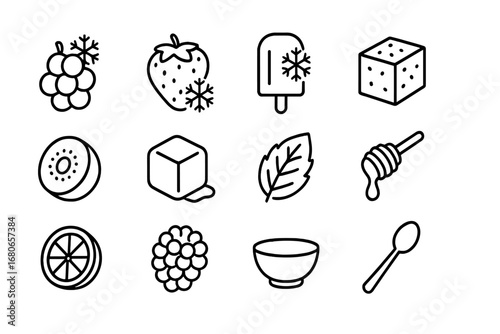 Chilled Fruit Icons. Outline icon set of chilled fruit treats: frozen grape, frozen strawberry, popsicle,