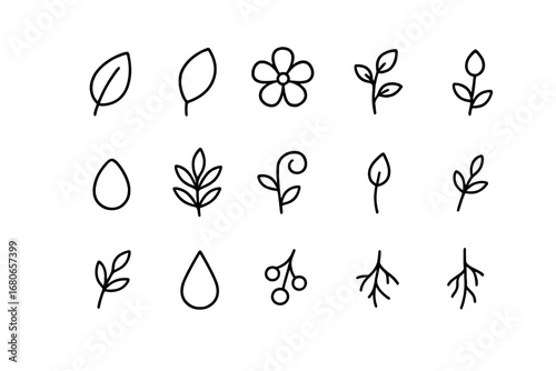 Minimal Botanical Icons. Outline icon set of minimal botanical labels: simple leaf, single petal, line flower,