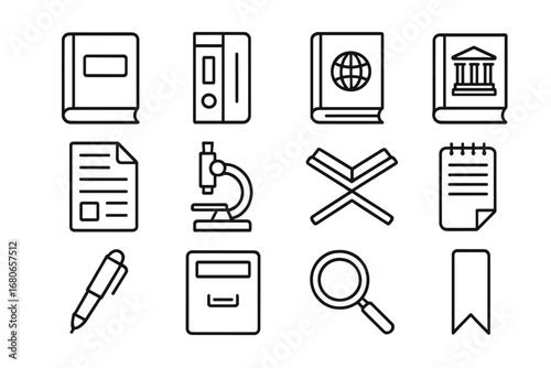 Academic Icons Grid. Outline icon set of academic library items: reference book, archive folder, dictionary,