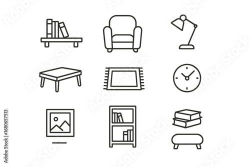 Home Library Icons. Outline icon set of home library items: wall shelf, armchair, reading lamp, coffee table,