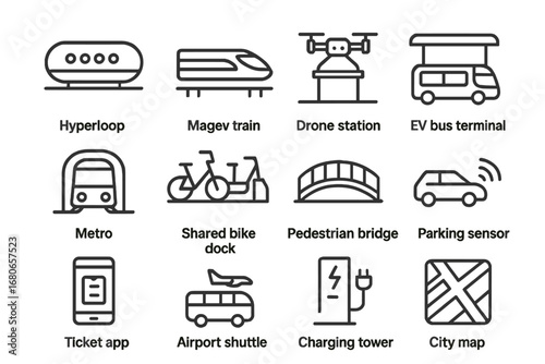 Future Transport Hub Icons. Outline icon set of mental health and gut connection: brain, gut, yoga pose, water