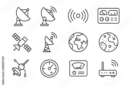 Deep Space Communication Icons. Outline icon set of deep space communication: satellite dish, parabolic