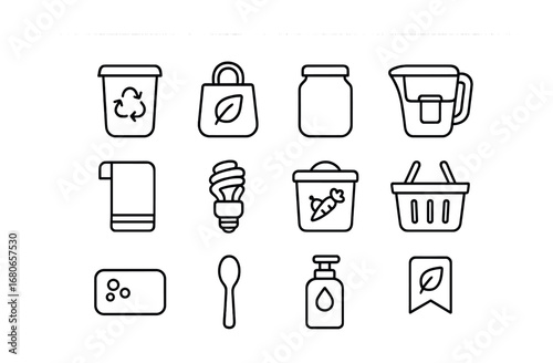 Home Waste Reduction Icons. Outline icon set of waste reduction at home: recycling bin, reusable bag, glass