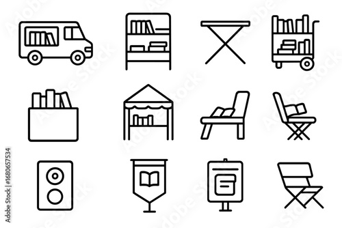 Mobile Library Icons. Outline icon set of mobile libraries: book bus, portable shelf, folding table, mobile