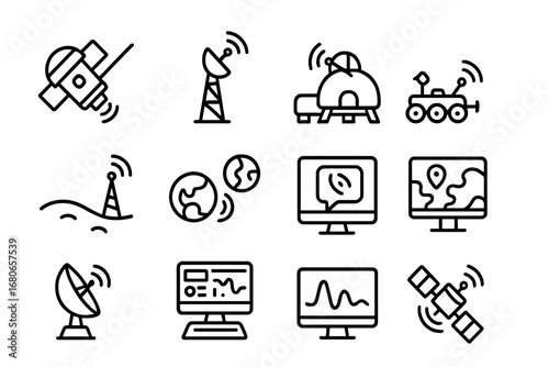 Mars Communication Icons. Outline icon set of Mars communication systems: Mars orbiter, relay tower, surface