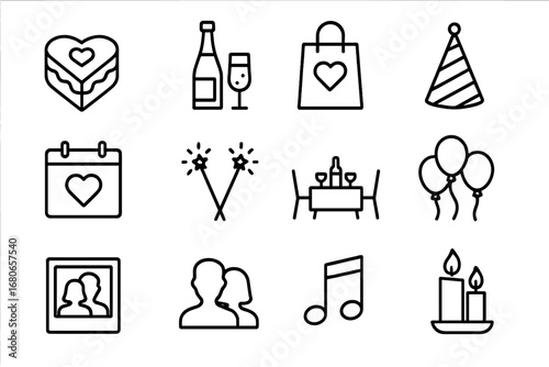 Anniversary Icons Set. Outline icon set of long-term partnership development: calendar, roadmap, handshake,