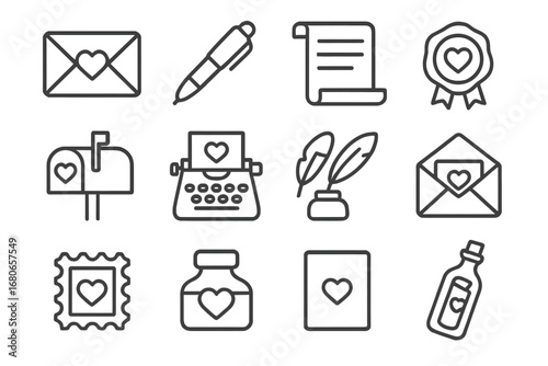 Love Letter Icons. Outline icon set of communication tools for stakeholders: smartphone, video call, email,