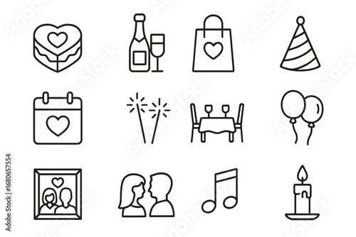 Anniversary Icons Set. Outline icon set of long-term partnership development: calendar, roadmap, handshake,