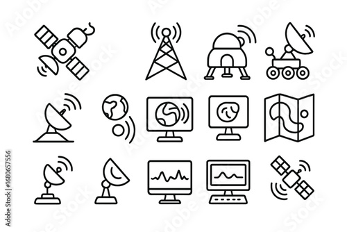 Mars Communication Icons. Outline icon set of Mars communication systems: Mars orbiter, relay tower, surface