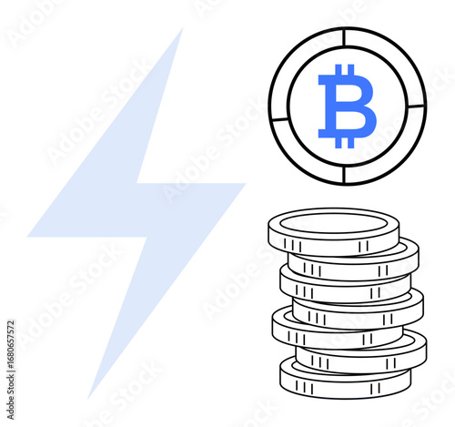 Blue lightning bolt, Bitcoin logo on a coin, and stacked coins represent cryptocurrency, blockchain, fintech, financial technology evolution. Ideal for crypto, digital economy, savings investment
