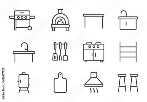 Outdoor Kitchen Icons. Outline icon set of outdoor kitchens: BBQ grill, pizza oven, countertop, sink, utensils