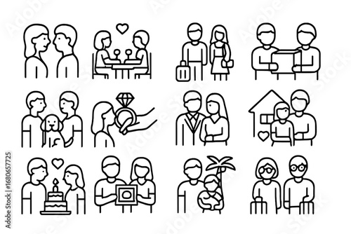 Couple Milestone Icons. Outline icon set of couple milestones: first meeting, first date, first trip, moving