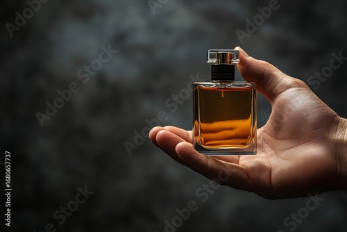 stylish male hand offering cologne bottle, dark and elegant background 
