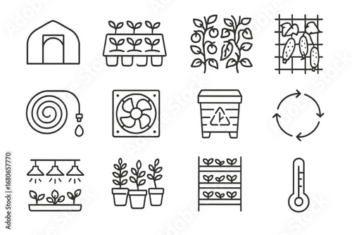 Greenhouse Icon Set. Outline icon set of greenhouse crop rotation: greenhouse frame, seedling trays, tomato