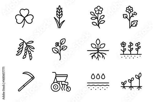 Cover Crop Icon Set. Outline icon set of cover cropping: clover, rye grass, alfalfa, mustard plant, vetch,