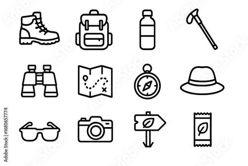 Nature Walk Essentials. Outline icon set of going on a nature walk: hiking boots, backpack, water bottle,