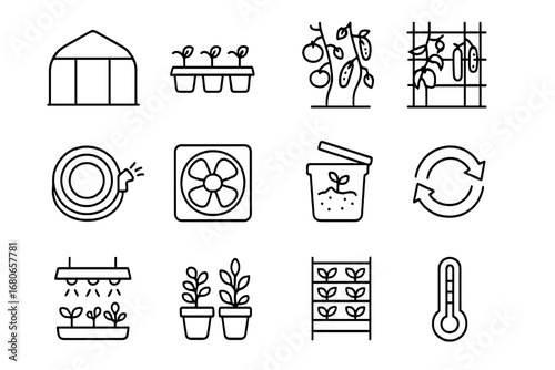 Greenhouse Icon Set. Outline icon set of greenhouse crop rotation: greenhouse frame, seedling trays, tomato
