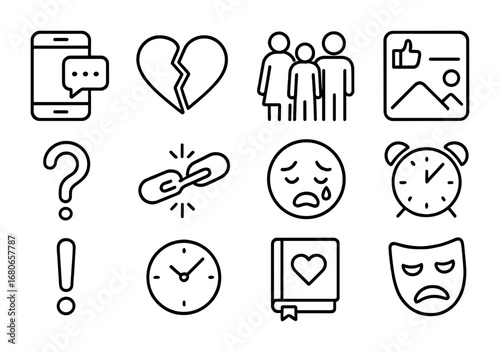 Jealousy Icon Set. Outline icon set of jealousy triggers: phone with message, heart with crack, couple with