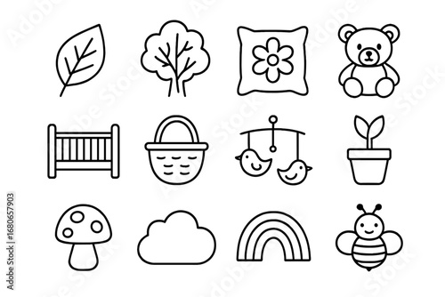 Nature Nursery Icons. Outline icon set of nature-inspired nursery design: leaf wall decal, tree mural, floral