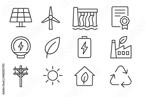 Renewable Energy Icons. Outline icon set of renewable energy credits: solar panel, wind turbine, hydroelectric
