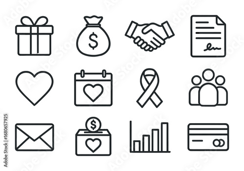 Fundraising Icon Set. Outline icon set of fundraising and donor relations: gift box, money bag, handshake,