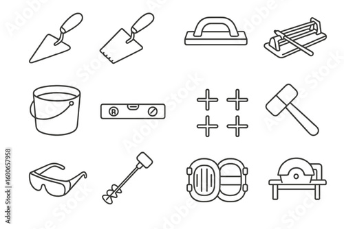 Tiling Tools Icons Grid. Outline icon set of tiling tools: tile trowel, notched trowel, grout float, tile