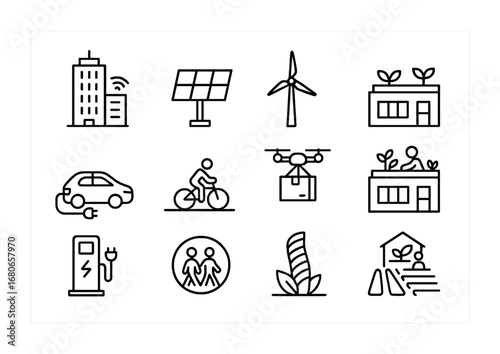 Future Urban Icons. Outline icon set of future of urban living: smart building, solar panel, wind turbine,