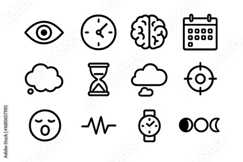Time Perception Icons. Outline icon set of human perception of time: eye, clock, memory bubble, brain,