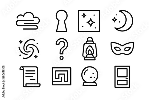 Mystery Icons Collection. Outline icon set of the unknown and mystery: fog, keyhole, starry sky, moon, galaxy,