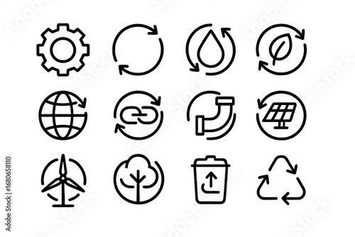 Closed-Loop Systems Icons. Outline icon set of closed-loop systems: gear, arrow circle, water drop, leaf,