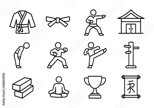 Karate Icon Set. Outline icon set of karate: gi, belt ranks, kata pose, dojo, bow, punch stance, kick stance,