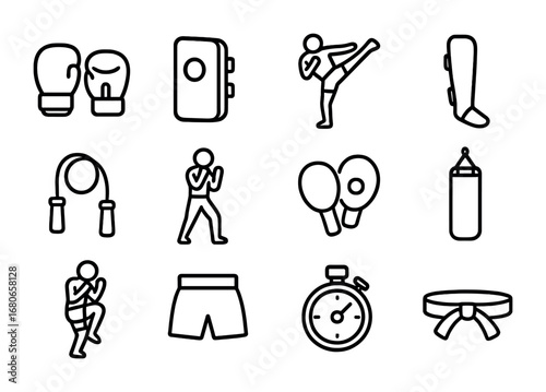 Kickboxing Icon Set. Outline icon set of kickboxing: gloves, kick pad, roundhouse kick, shin guard, jump rope,