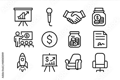 Fundraising Icon Set. Outline icon set of fundraising process: presentation board, microphone, handshake,