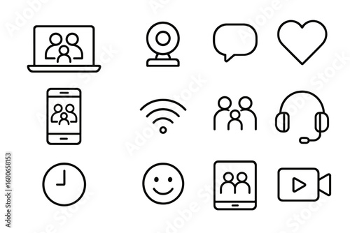 Video Chat Icons. Outline icon set of video chatting with family: laptop, webcam, speech bubble, heart,