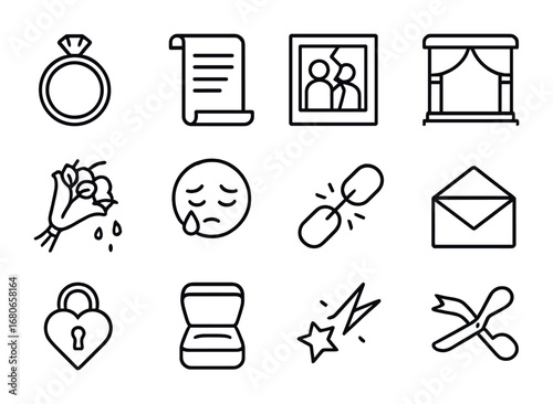 Broken Vows Icons. Outline icon set of unkept vows: wedding ring, vow scroll, cracked photo frame, empty altar