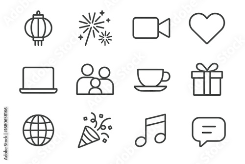 Cultural Holiday Icons. Outline icon set of cultural holiday calls: lantern, fireworks, video camera, heart,
