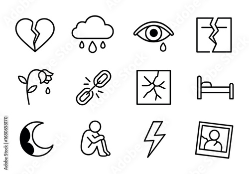 Heartbreak Icon Set. Outline icon set of heartbreak symbols: shattered heart, rain cloud, crying eye, torn