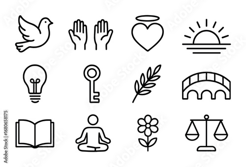 Forgiveness Icon Set. Outline icon set of forgiveness: dove, open hands, heart with halo, sunrise, light bulb,
