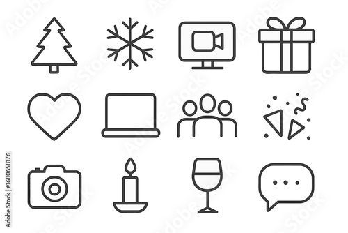 Holiday Icon Grid. Outline icon set of holiday calls: Christmas tree, snowflake, video call icon, gift box,