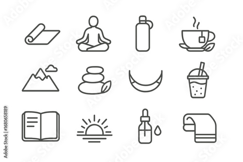 Wellness Retreat Icons. Outline icon set of wellness retreats: yoga mat, meditation pose, water bottle, herbal