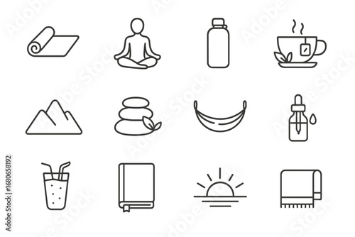 Wellness Retreat Icons. Outline icon set of wellness retreats: yoga mat, meditation pose, water bottle, herbal
